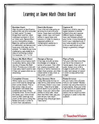 Learning at Home Math Choice Board